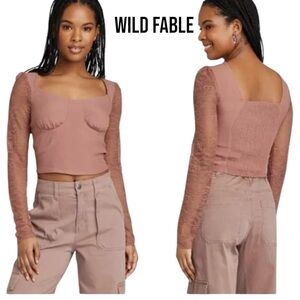 NWT Wild Fable LONG SLEEVE FLORAL LACE CROPPED BUSTIER Large DUSTY ROSE Smocked